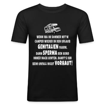 Camper Wohnmobil Spruch zweideutig Lustig Urlaub - Männer Slim Fit T-Shirt - Schwarz - Vorne - Nik (191cm)