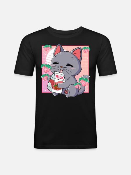 Kawaii Katze Erdbeermilch - Männer Slim Fit T-Shirt - Schwarz