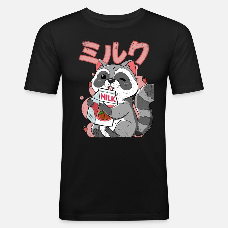 Kawaii Waschbär Erdbeermilch - Männer Slim Fit T-Shirt - Schwarz