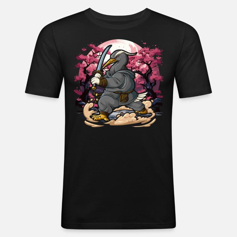 Samurai Kranich - Männer Slim Fit T-Shirt - Schwarz
