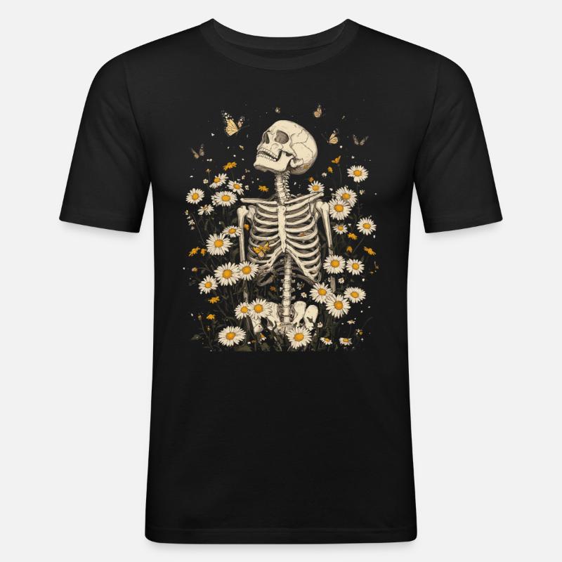Skelett Blumen - Männer Slim Fit T-Shirt - Schwarz