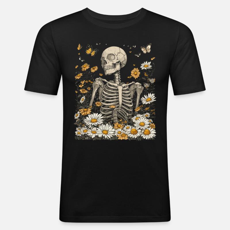 Skelett Blumen - Männer Slim Fit T-Shirt - Schwarz