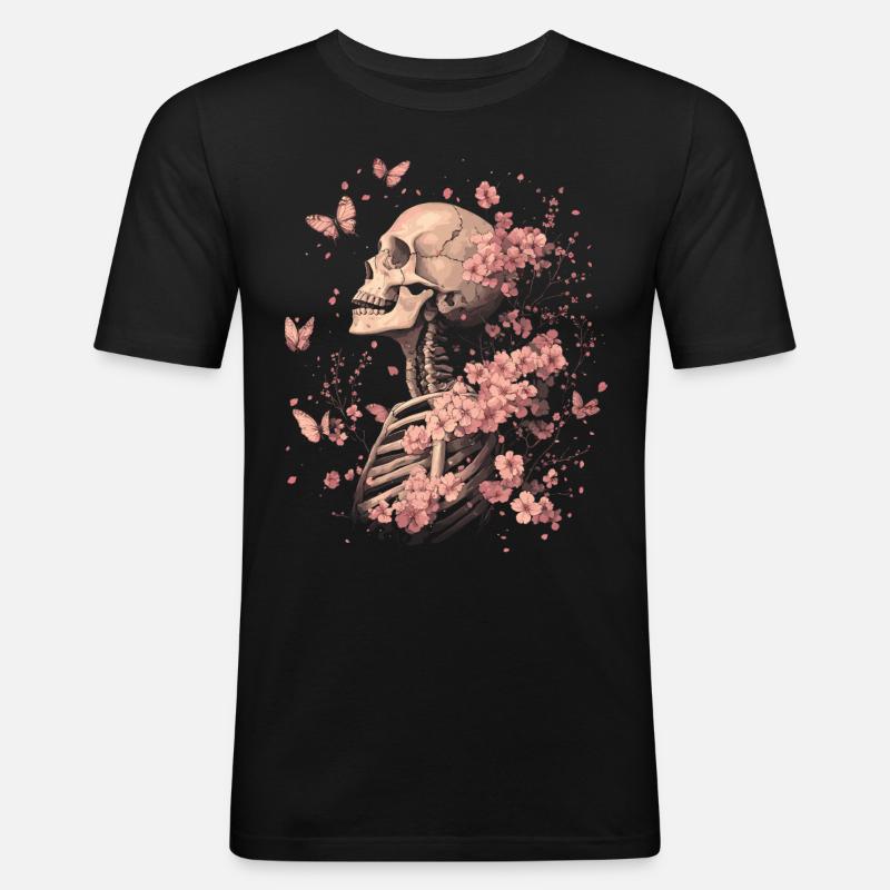 Skelett Blumen - Männer Slim Fit T-Shirt - Schwarz
