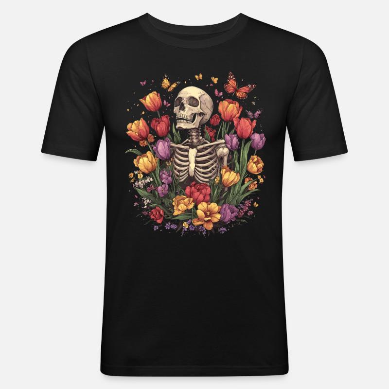 Skelett Blumen - Männer Slim Fit T-Shirt - Schwarz