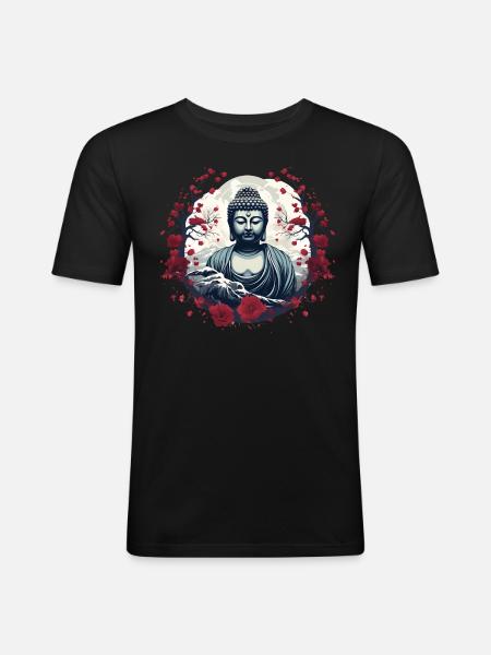 Buddha-Statue - Männer Slim Fit T-Shirt - Schwarz