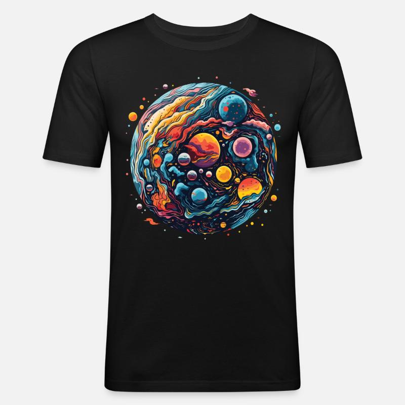 Bunte Planeten mit psychedelischem Stil - Männer Slim Fit T-Shirt - Schwarz