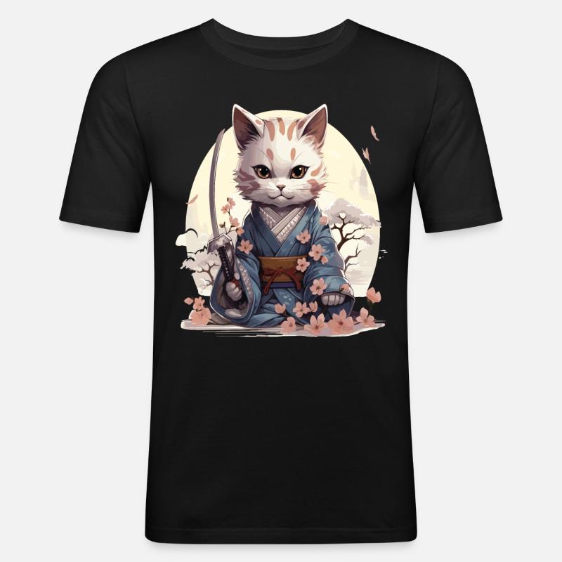 Kawaii Samurai-Katze mit Katana - Männer Slim Fit T-Shirt - Schwarz