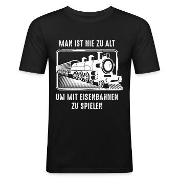 Modelleisenbahn - Männer Slim Fit T-Shirt - Schwarz - Vorne - Nik (191cm)