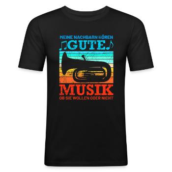 Retro Tuba Design mit Spruch - Männer Slim Fit T-Shirt - Schwarz - Vorne - Nik (191cm)