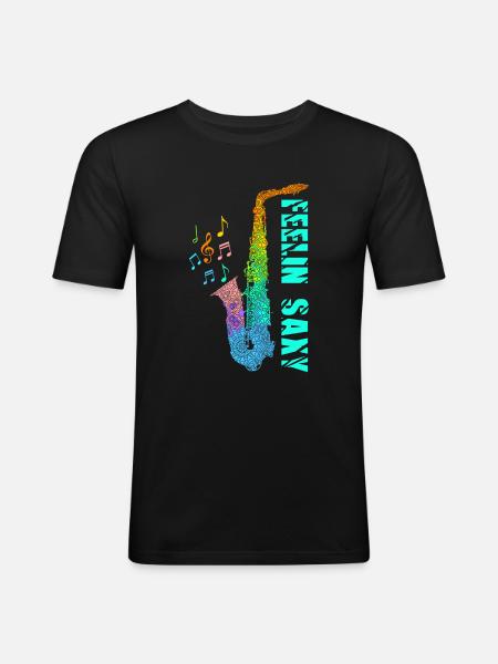 Feelin Saxy Saxophon - Männer Slim Fit T-Shirt - Schwarz