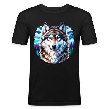 Bunter Wolf in Berg- und Waldlandschaft - Männer Slim Fit T-Shirt - Schwarz - Vorne - Nik (191cm)