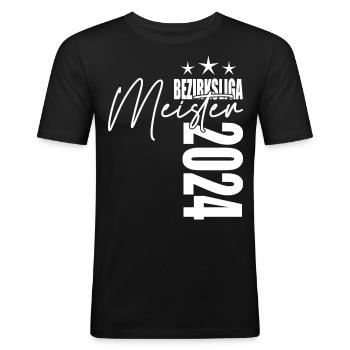 Meister Bezirksliga 2024 Aufstiegstrikot - Männer Slim Fit T-Shirt - Schwarz - Vorne - Nik (191cm)
