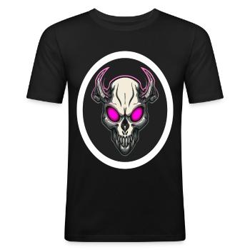 Rosaäugiger Dämonenschädel – Dark Fantasy Horror Kunst - Männer Slim Fit T-Shirt - Schwarz - Vorne - Nik (191cm)