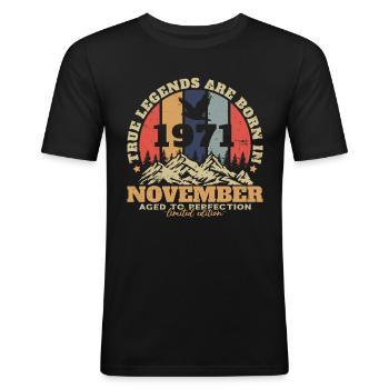 Verjaardagscadeau, Vintage geboren november 1971 - Mannen slim fit T-shirt - zwart - Voor - Nik (191cm)