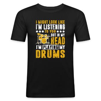 Batterie Batterie Batterie Batteur Percussion Rocknroll - T-shirt près du corps Homme - noir - Devant - Nik (191cm)