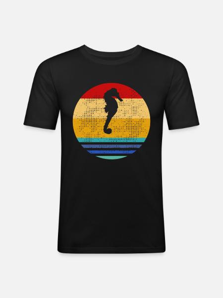 Retro Seepferd - Männer Slim Fit T-Shirt - Schwarz