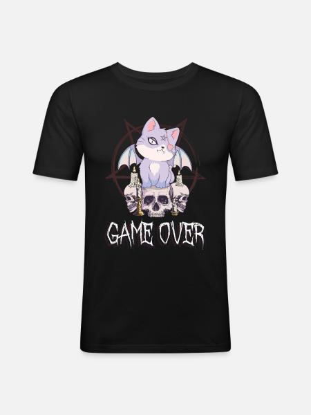 Cat Skull Goth Game Over Pentagram Occult G - Men's Slim Fit T-Shirt - black