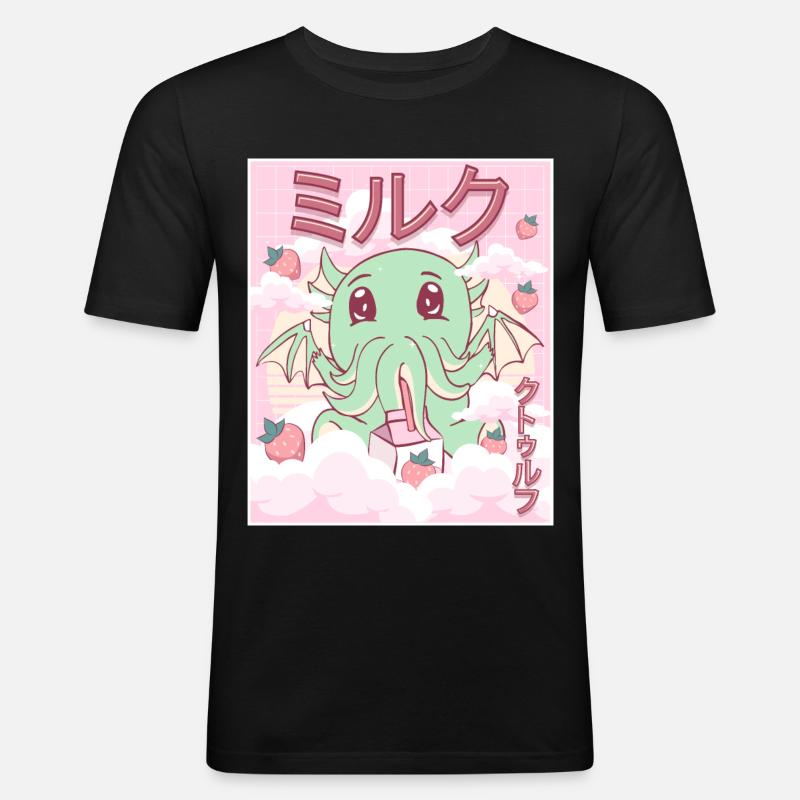 Kawaii Cthulhu Necronomicon Erdbeermilch - Männer Slim Fit T-Shirt - Schwarz