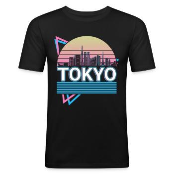 Tokyo City Skyline Cityscape Rétro - T-shirt près du corps Homme - noir - Devant - Nik (191cm)
