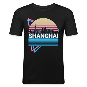 Shanghai City Skyline Cityscape Rétro - T-shirt près du corps Homme - noir - Devant - Nik (191cm)