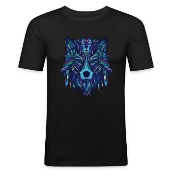 Animaux prédateur loup mandala - T-shirt près du corps Homme - noir - Devant - Nik (191cm)