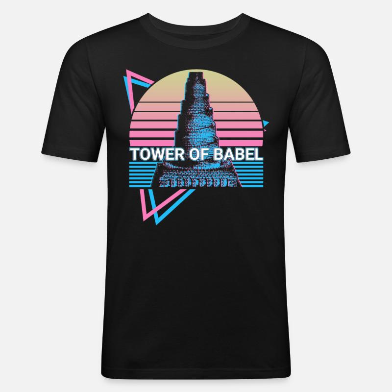 Turm von Babel Retro - Männer Slim Fit T-Shirt - Schwarz