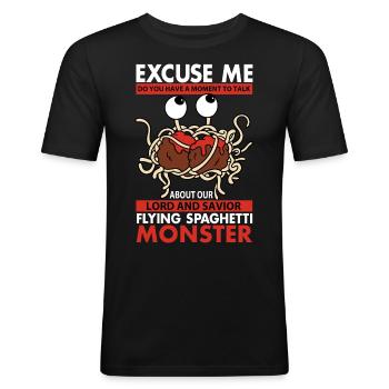 FSM Pastafarian - Männer Slim Fit T-Shirt - Schwarz - Vorne - Nik (191cm)