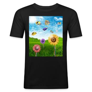 Frutiger Aero Esthétique Tech Paysage Poissons Soleil - T-shirt près du corps Homme - noir - Devant - Nik (191cm)