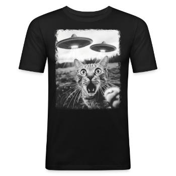 Tabby Katze UFO Alien Außerirdischer Selfie - Männer Slim Fit T-Shirt - Schwarz - Vorne - Nik (191cm)