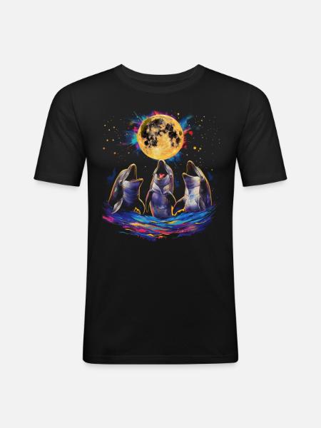 Dolphin Ocean Animal Howling Moon - Men's Slim Fit T-Shirt - black