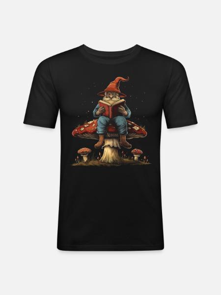 Cottagecore Aesthetic Elf Reading Book Mushroom Witchy - Men's Slim Fit T-Shirt - black