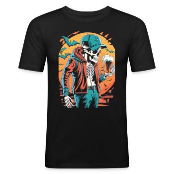 Plaisir de la bière d’Halloween avec squelette, le festival s’éveille - T-shirt près du corps Homme - noir - Devant - Nik (191cm)