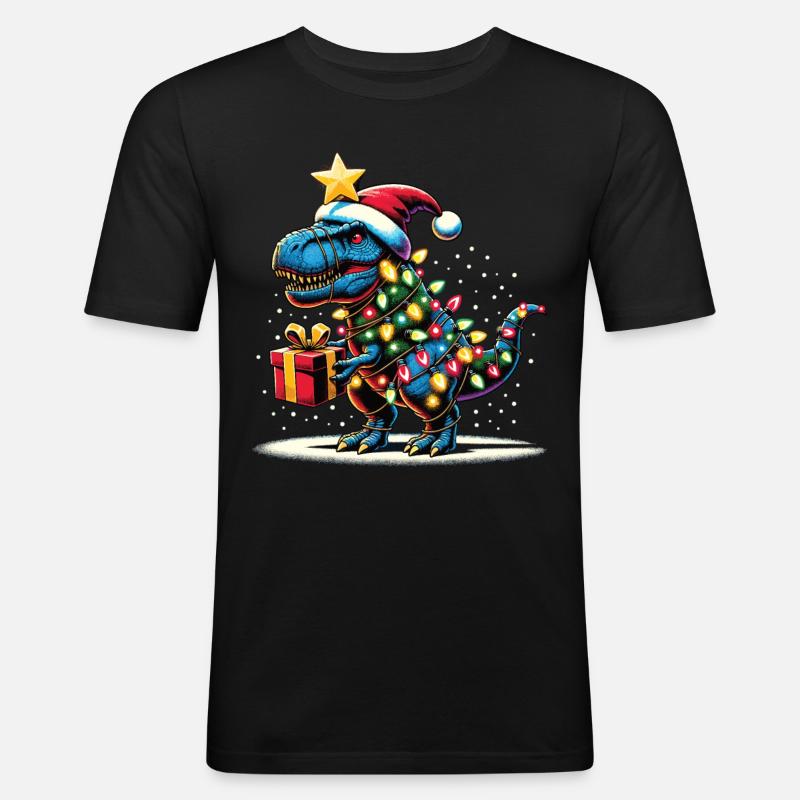 Tree Rex - Dino mit Weihnachtslichtern - Männer Slim Fit T-Shirt - Schwarz