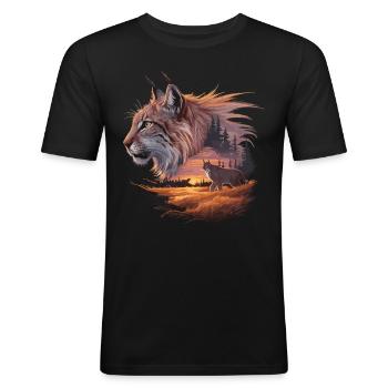Luchs im Abendrot – Faszinierende Wildtierkunst - Männer Slim Fit T-Shirt - Schwarz - Vorne - Nik (191cm)
