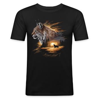 Luchs im Sonnenuntergang Dynamische Wildtierkunst - Männer Slim Fit T-Shirt - Schwarz - Vorne - Nik (191cm)