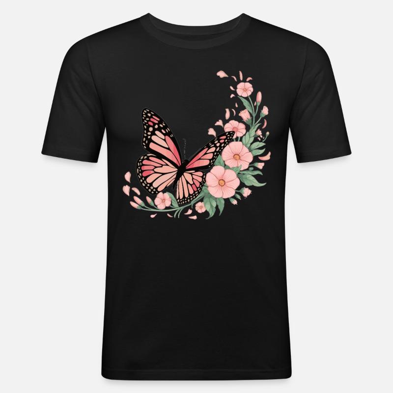 Papillon avec des fleurs - T-shirt près du corps Homme - noir