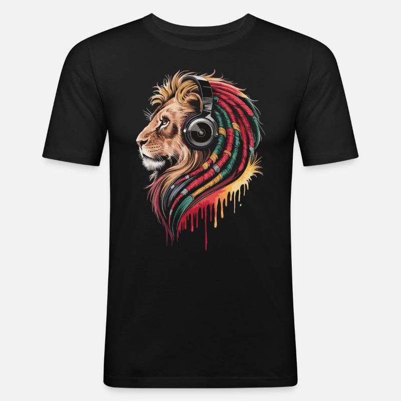 Reggae Löwe mit Kopfhörer - Männer Slim Fit T-Shirt - Schwarz