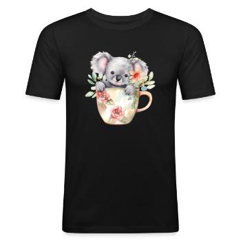Niedlicher Koala mit Blumen in Kaffee-Tasse - Männer Slim Fit T-Shirt - Schwarz - Vorne - Nik (191cm)