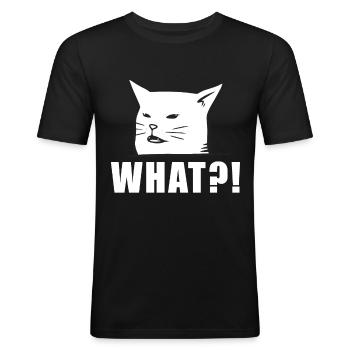Angry women yelling at confused cat at dinner - Männer Slim Fit T-Shirt - Schwarz - Vorne - Nik (191cm)
