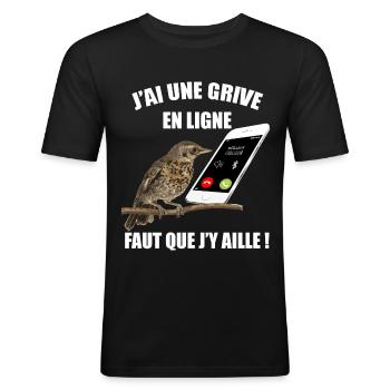 Chasse humour grive en ligne - T-shirt près du corps Homme - noir - Devant - Nik (191cm)