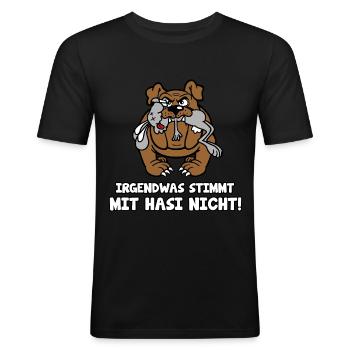 Irgendwas stimmt mit Hasi nicht - Männer Slim Fit T-Shirt - Schwarz - Vorne - Nik (191cm)