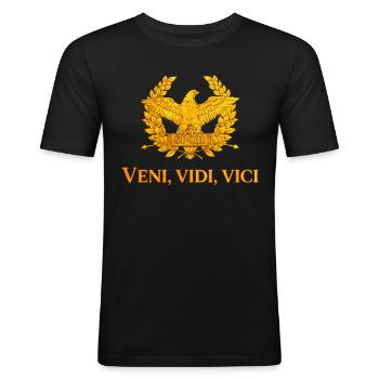 Frase latina Impero Romano Veni, Vidi, Vici - Maglietta aderente da uomo - nero - Fronte - Nik (191cm)
