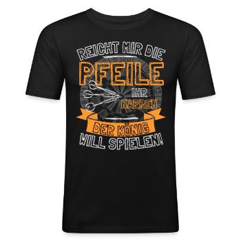 Lustiger Darts Spruch REICHT MIR DIE PFEILE IHR - Männer Slim Fit T-Shirt - Schwarz - Vorne - Nik (191cm)