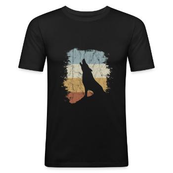 Retro heulender Wolf Vintage Oldschool Geschenk - Männer Slim Fit T-Shirt - Schwarz - Vorne - Nik (191cm)