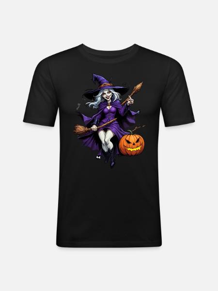 Halloween Witch With Pumpkin Illustration - Men's Slim Fit T-Shirt - black