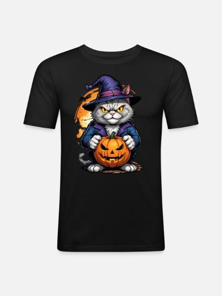 Halloween Cat with Pumpkin - Men's Slim Fit T-Shirt - black