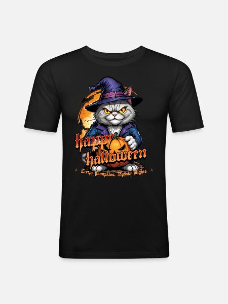 Halloween Cat with Pumpkin - Men's Slim Fit T-Shirt - black
