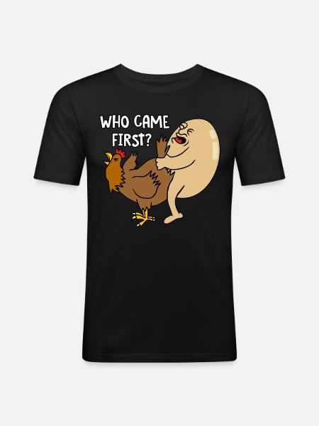 Who came first - Männer Slim Fit T-Shirt - Schwarz