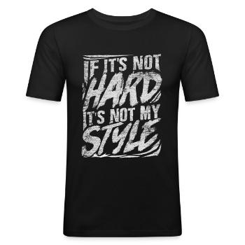 Hardstyle technomuziek - Mannen slim fit T-shirt - zwart - Voor - Nik (191cm)