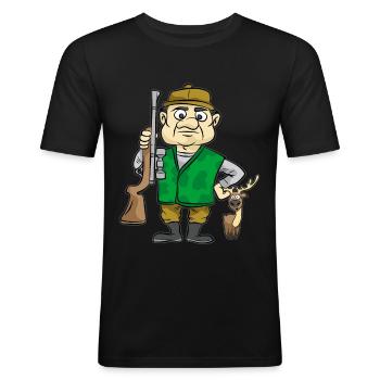 Jäger mit Reh Hirsch Jagd Gewehr Comic Cartoon - Männer Slim Fit T-Shirt - Schwarz - Vorne - Nik (191cm)
